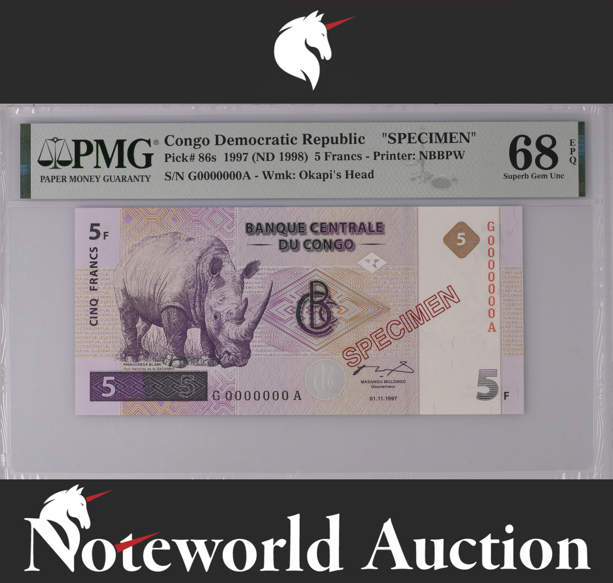 Congo Democratic Republic SPECIMEN 5 Francs 1997 P 86s UNC PMG 68 EPQ TOP POP