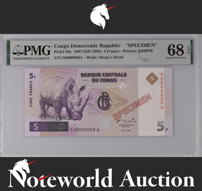 Congo Democratic Republic SPECIMEN 5 Francs 1997 P 86s UNC PMG 68 EPQ TOP POP