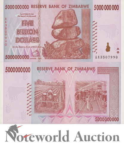 ZIMBABWE 5000000000 Dollars 2008 P 84 First Prefix AA UNC