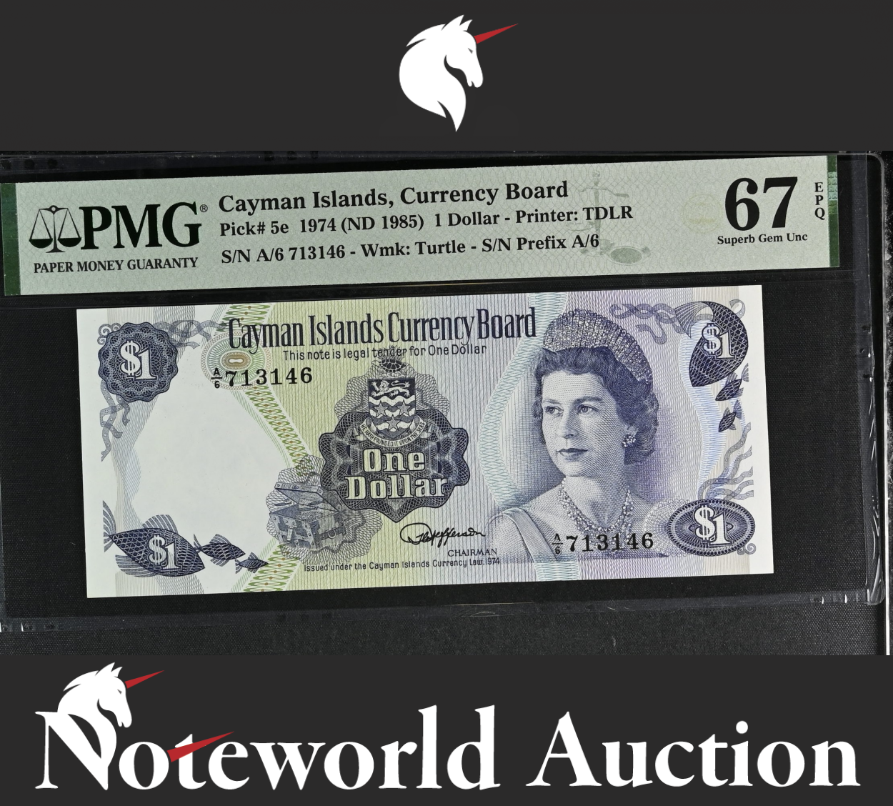 Cayman Islands 1 Dollar 1974(ND 1985) P 5e Prefix A/6 UNC PMG 67 EPQ 3rd TOP POP