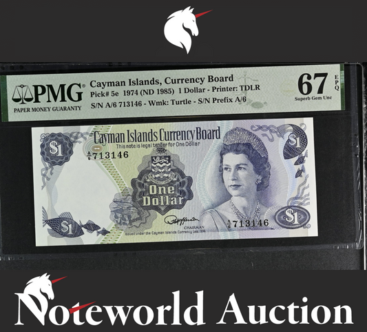 Cayman Islands 1 Dollar 1974(ND 1985) P 5e Prefix A/6 UNC PMG 67 EPQ 3rd TOP POP