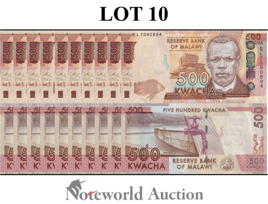 MALAWI Lot 10 pcs 1/10 Bundle - 500 Kwacha 2017 P 66 UNC