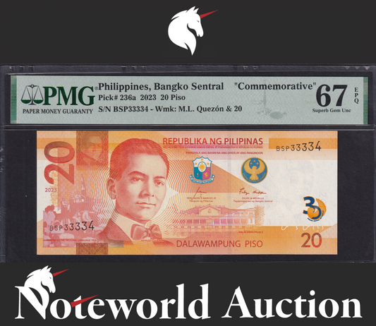 Philippines COMM. 2023 P 236a Almost SOLID No. 33334 UNC PMG 67 EPQ 3rd TOP POP