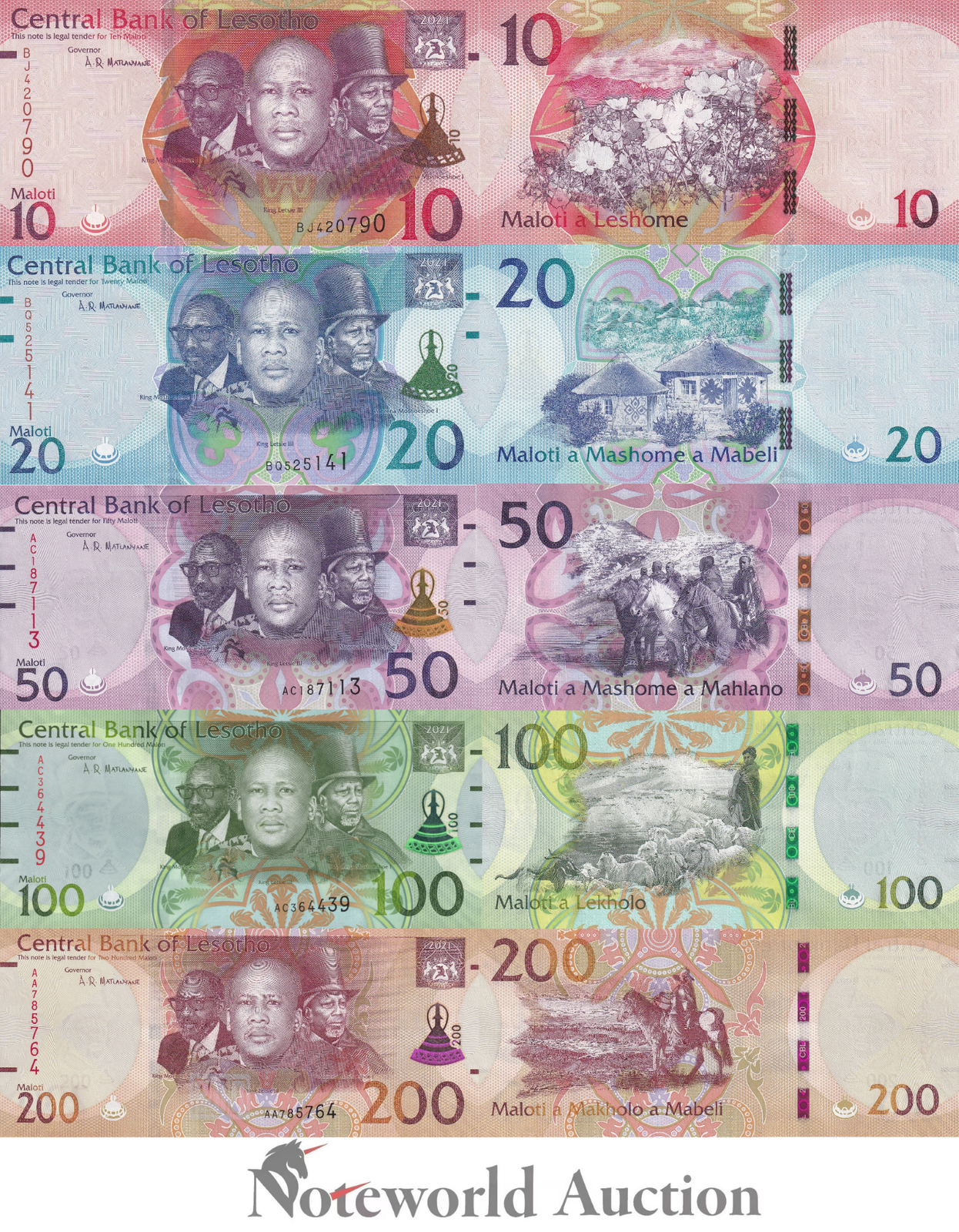 LESOTHO Set 5 pcs - 10 20 50 100 200 Maloti 2021 P 26 27 28 29 30 UNC