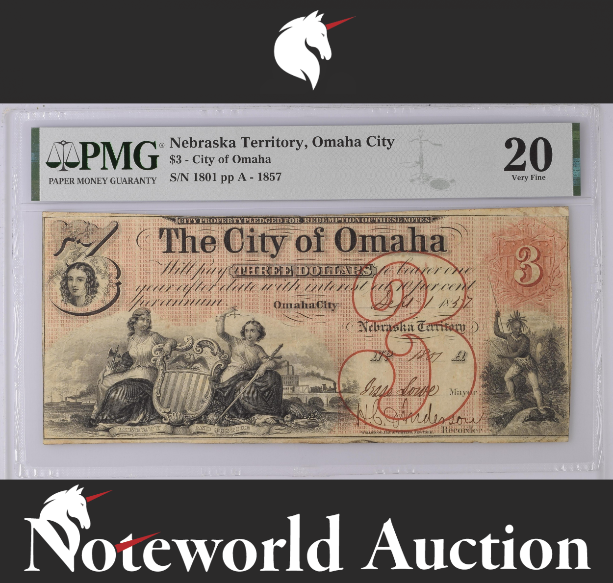 Nebraska Territory Omaha City $3 - 1857 Scrip VF PMG 20