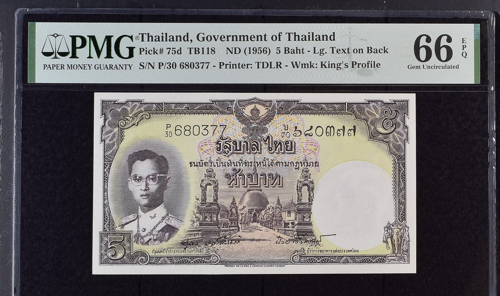 THAILAND 5 Baht 1956 P 75d UNC PMG 66 EPQ