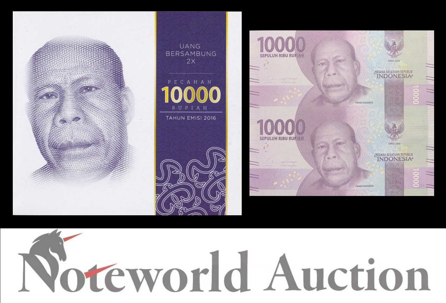 INDONESIA 10000 Rupiah 2016 P 157a Prefix AA UNCUT 2 IN 1 With Folder UNC