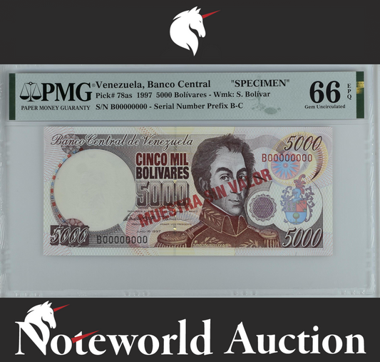 Venezuela 5000 Bolivares 1997 P 78as SPECIMEN UNC PMG 66 EPQ 2nd TOP POP