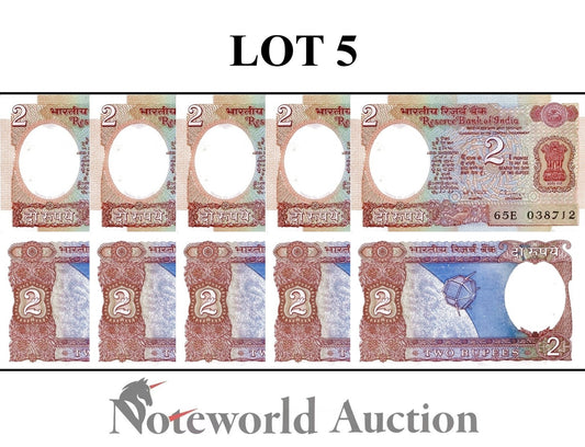 INDIA 2 Rupees 1975-1996 P 79m With Hole Lot 5 pcs 1/20 Bundle UNC