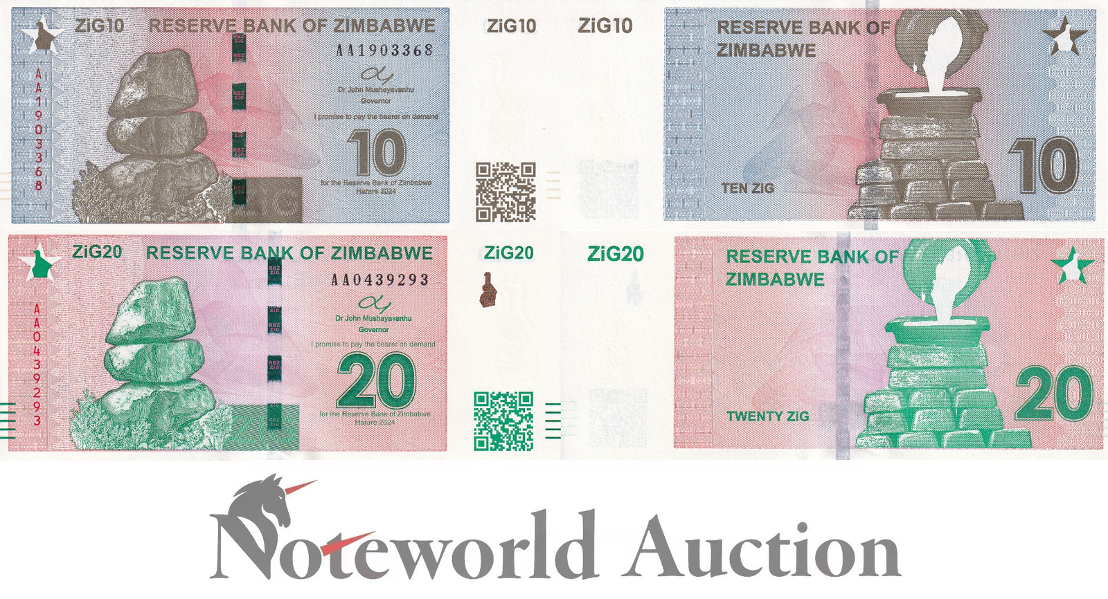 ZIMBABWE Set 2 pcs - 10 20 Zig 2024 P 110 111 First Prefix AA UNC