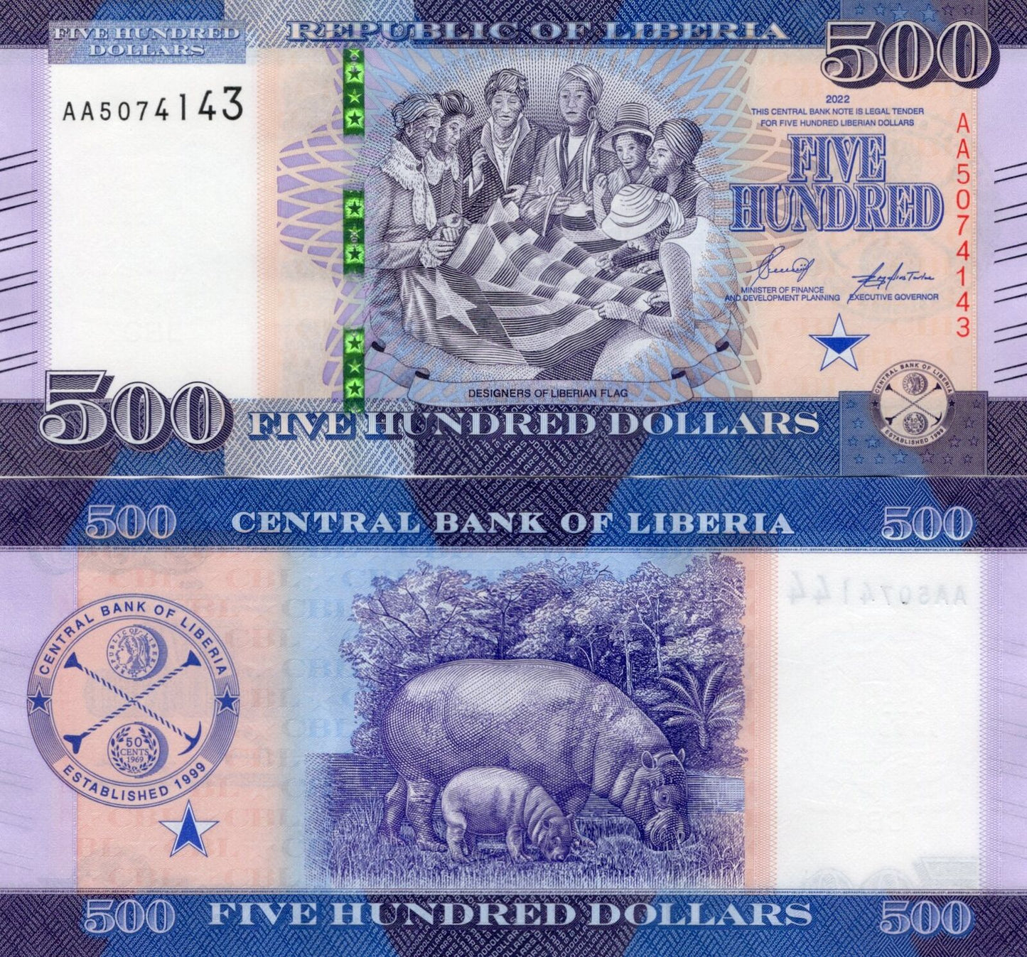 LIBERIA 500 Dollars 2022 P 42 First Prefix AA UNC