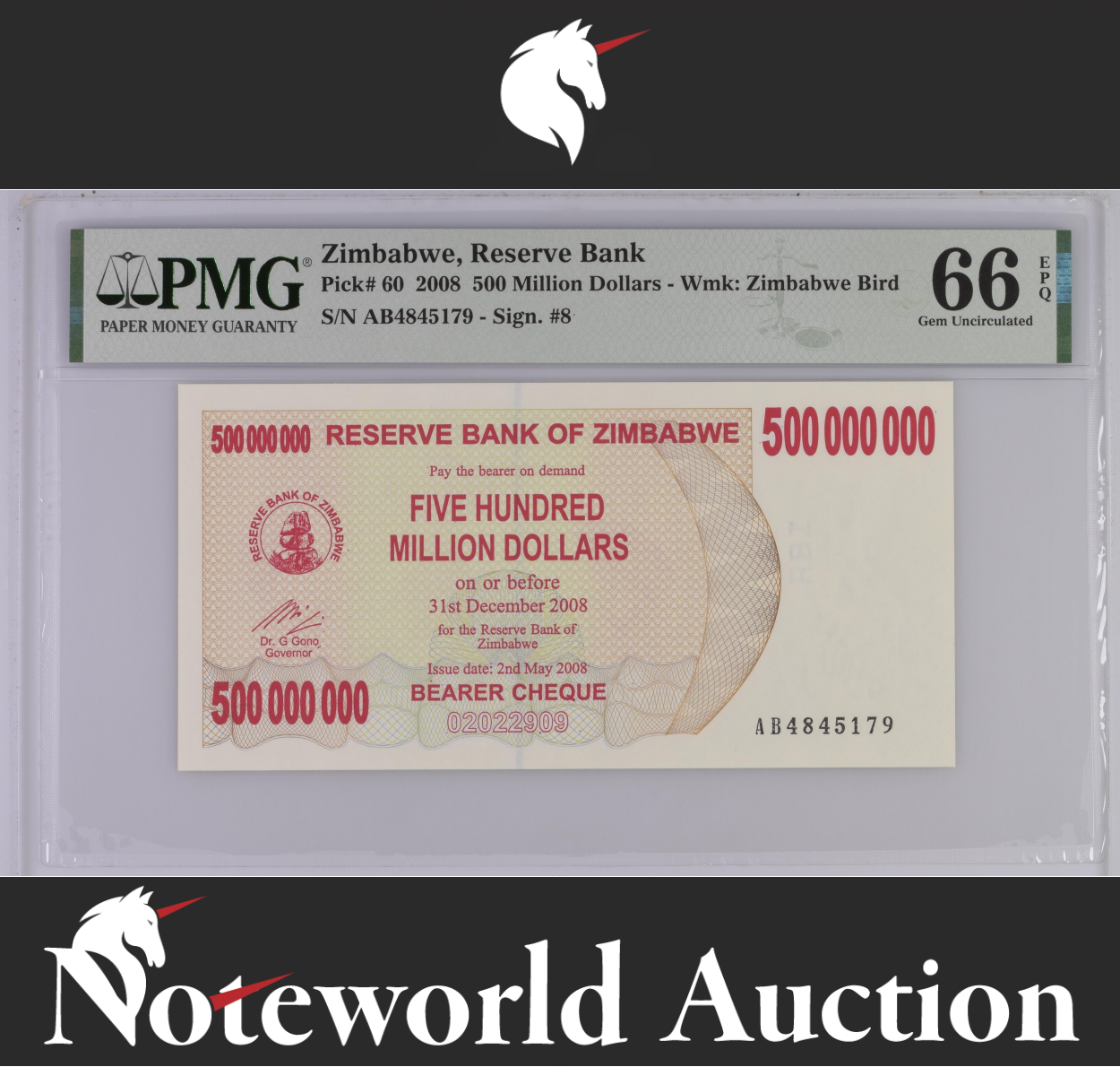 Zimbabwe 500 Million Dollars 2008 P 60 Gem UNC PMG 66 EPQ