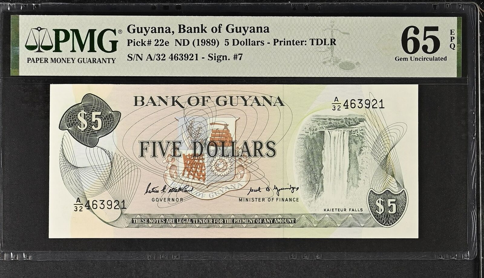 GUYANA 5 Dollars 1989 P 22e UNC PMG 65 EPQ