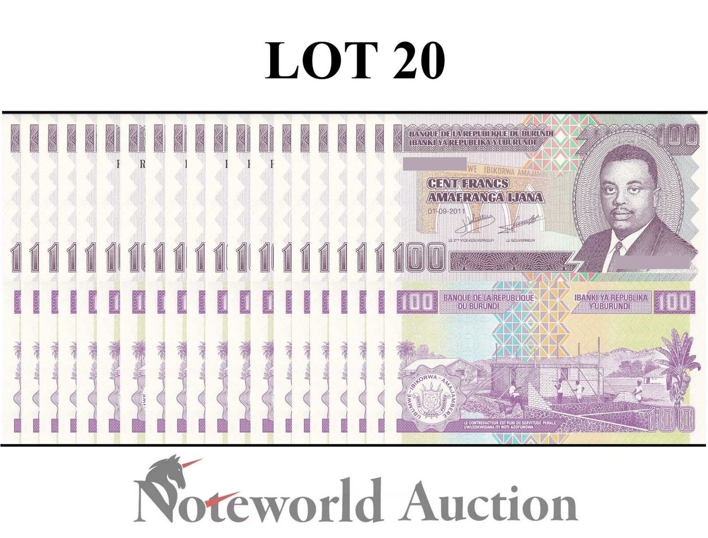 BURUNDI Lot 20 pcs 1/5 Bundle - 100 Amafranga 2011 P 44b UNC