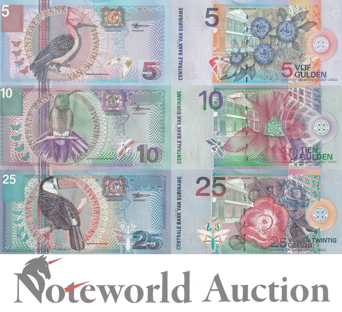 SURINAME Set 3 pcs - 5 10 25 Gulden 2000 P 146 147 148 UNC