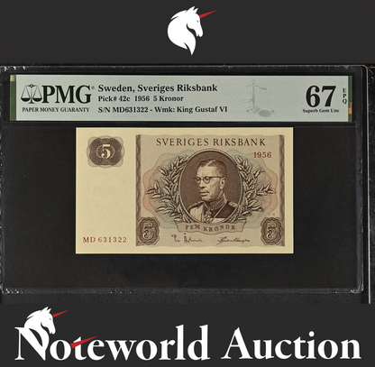 Sweden Sveriges Riksbank 5 Kronor 1956 P 42c UNC PMG 67 EPQ NR 2nd TOP POP