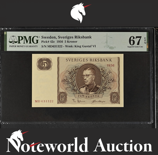 Sweden Sveriges Riksbank 5 Kronor 1956 P 42c UNC PMG 67 EPQ NR 2nd TOP POP