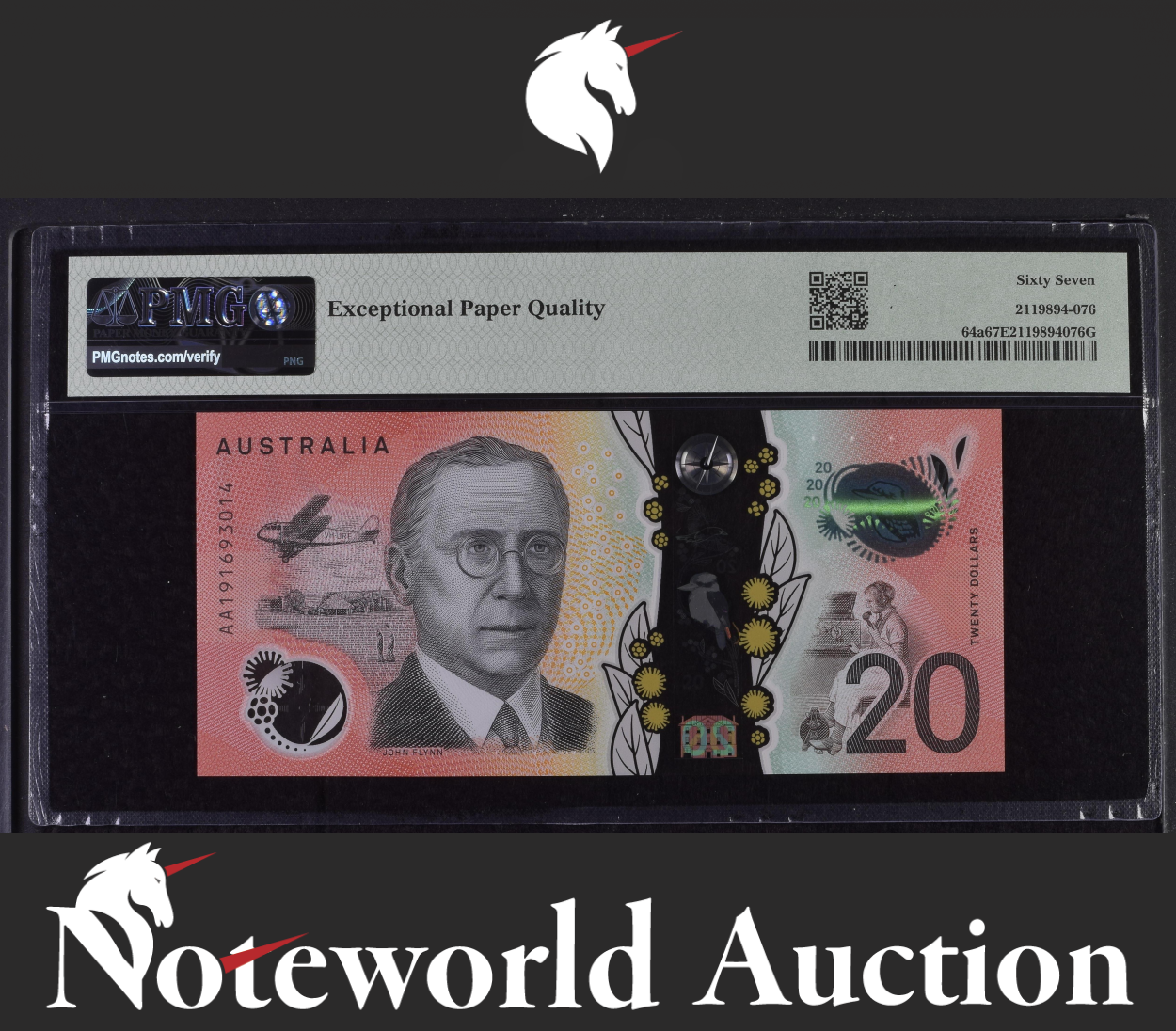 Australia Reserve Bank 20 Dollars 2019 P 64a Polymer Prefix AA UNC PMG 67 EPQ