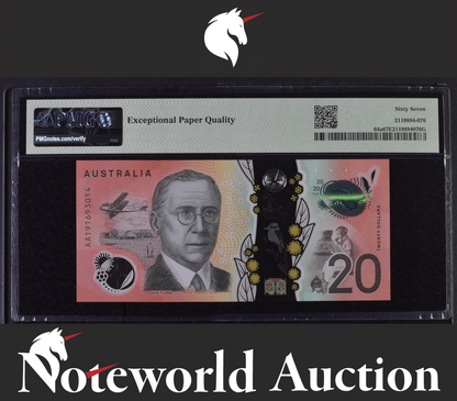 Australia Reserve Bank 20 Dollars 2019 P 64a Polymer Prefix AA UNC PMG 67 EPQ