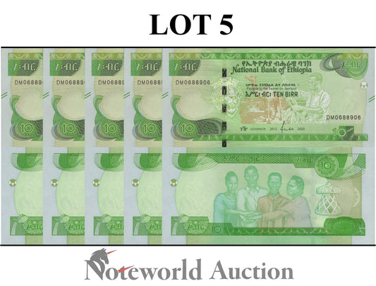ETHIOPIA 10 Birr 2012 AD 2020 P 55 Lot 5 pcs 1/20 Bundle UNC
