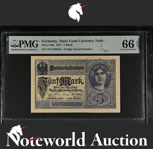 Germany State Loan Currency Note 5 Mark 1917 P 56b UNC PMG 66 EPQ 3rd TOP POP
