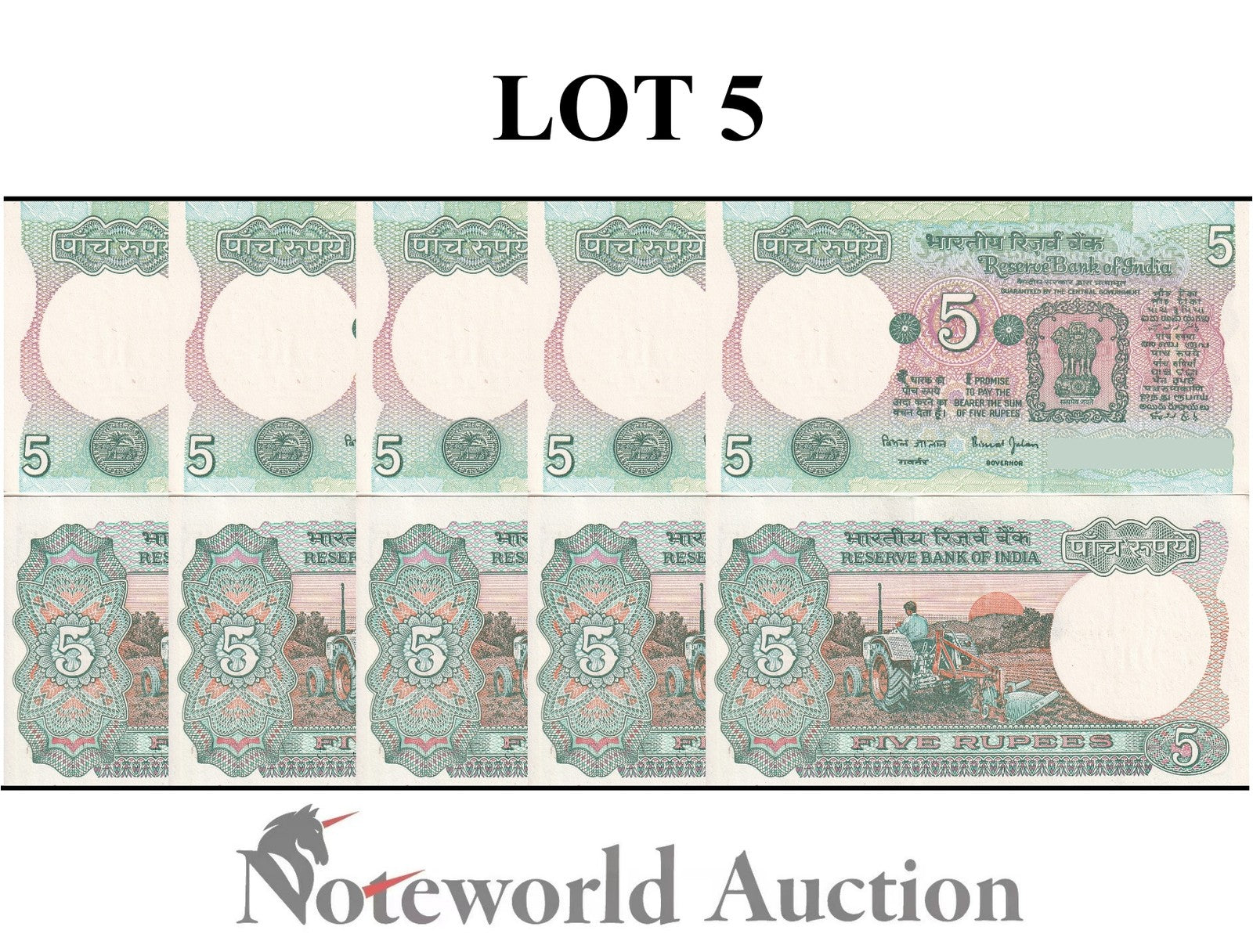 INDIA 5 Rupees 1975-2002 P 80s (No Pin Hole) Lot 5 pcs 1/20 Bundle UNC