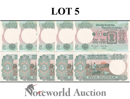 INDIA 5 Rupees 1975-2002 P 80s (No Pin Hole) Lot 5 pcs 1/20 Bundle UNC
