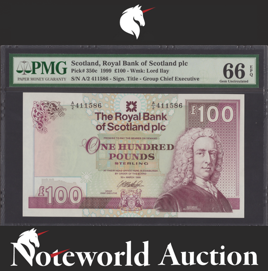 Scotland Royal Bank of Scotland plc 100 1999 P 350c UNC PMG 66 EPQ 3rd TOP POP