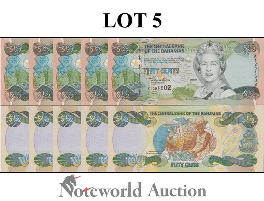 BAHAMAS 50 Cents 1/2 Dollar 2001 P 68 Queen Elizabeth II Lot 5 1/20 Bundle UNC