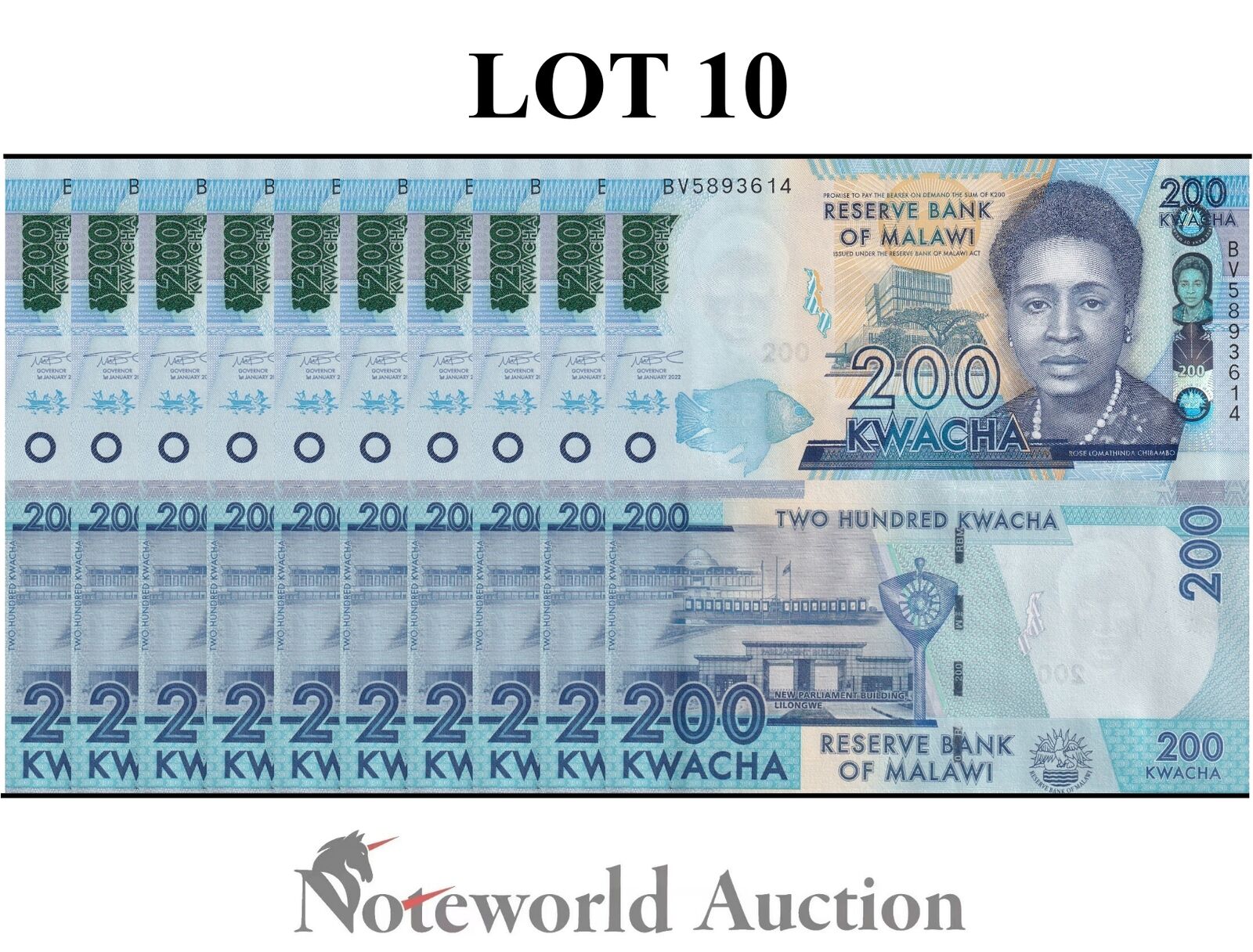 MALAWI Lot 10 pcs 1/10 Bundle - 200 Kwacha 2022 P 65A UNC