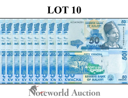 MALAWI 50 Kwacha 2012 P 58a Lot 10 pcs 1/10 Bundle UNC