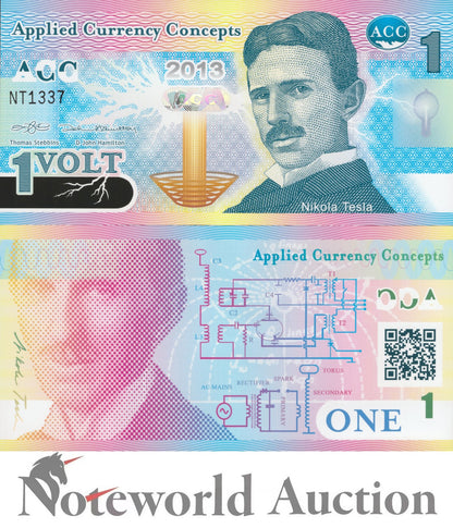 Applied Currency Concepts TEST NOTE 1 2013 Polymer W/Hologram Nikola Tesla UNC
