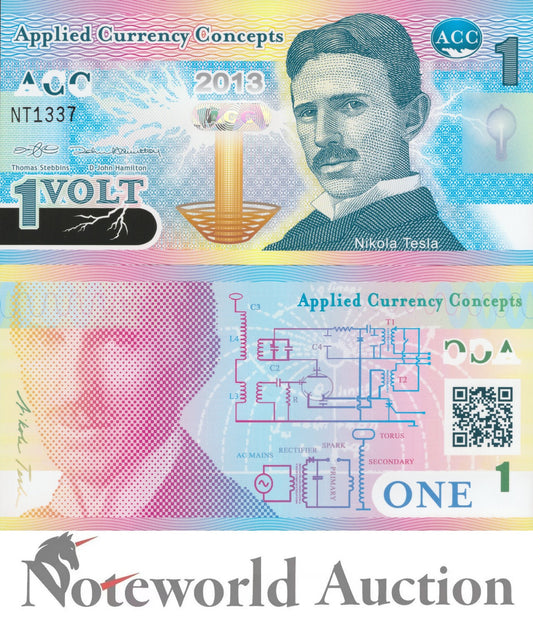 Applied Currency Concepts TEST NOTE 1 2013 Polymer W/Hologram Nikola Tesla UNC