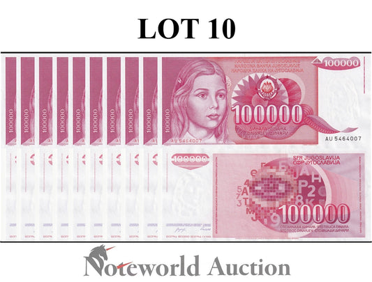 YUGOSLAVIA 100000 Dinara 1989 P 97 Lot 10 pcs 1/10 Bundle UNC