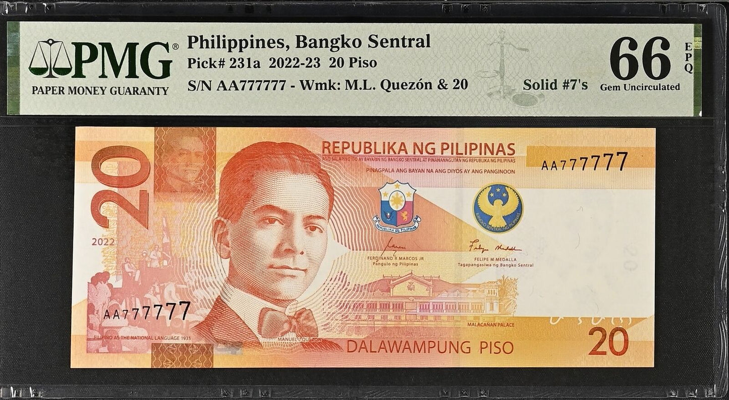 PHILIPPINES 20 (2022)2022-23 P 231a Prefix AA Fancy SOLID 7 - 777777 PMG 66 EPQ