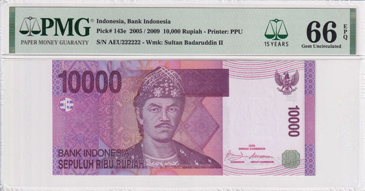 INDONESIA 10000 Rupiah 2005/2009 P 143e Fancy SOLID 2 - 222222 UNC PMG 66 EPQ