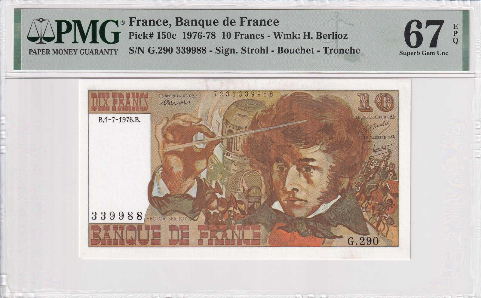 FRANCE 10 Francs (1976) 1976-78 P 150c Fancy No. 339988 UNC PMG 67 EPQ