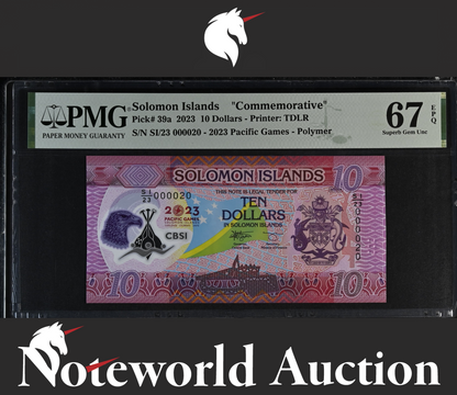 Solomon Islands COMM. 10 Dollars 2023 P 39a Polymer LOW S/N 20 UNC PMG 67 EPQ