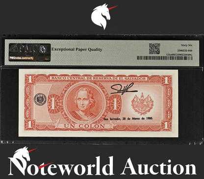 EL SALVADOR Banco Central de Reserva  1 Colon 1977-1978 P 125a UNC PMG 66 EPQ
