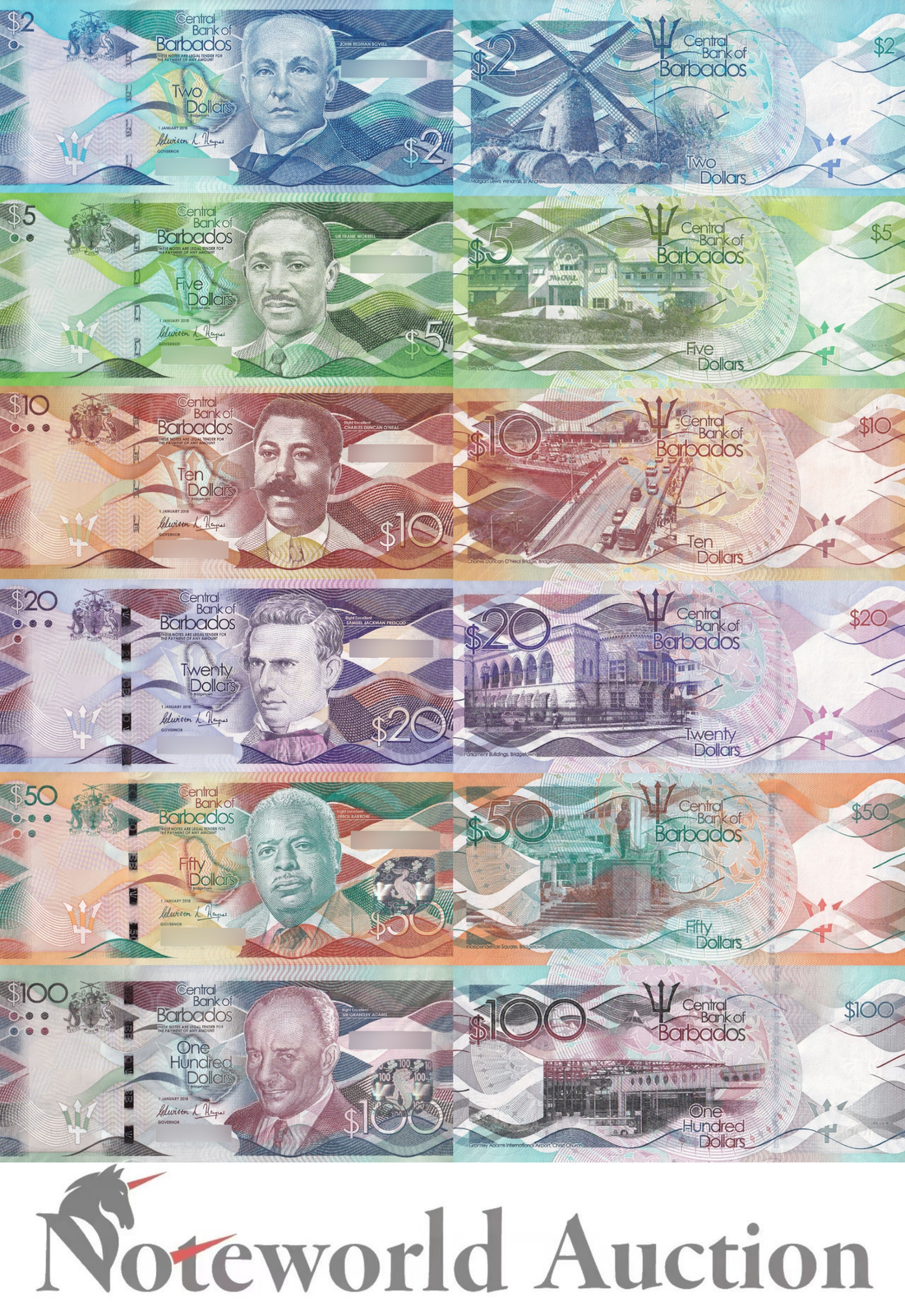 BARBADOS 2 5 10 20 50 100 Dollars 2018 P 73 74 75 76 77 78 Set 6 pcs UNC