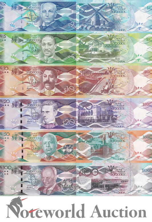 BARBADOS 2 5 10 20 50 100 Dollars 2018 P 73 74 75 76 77 78 Set 6 pcs UNC
