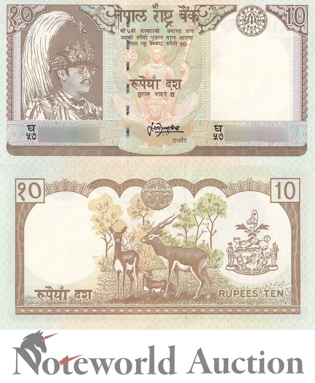 NEPAL Lot 10 pcs 1/10 Bundle - 10 ND 1995-2000 P 31b(2) King Birendra Deer UNC