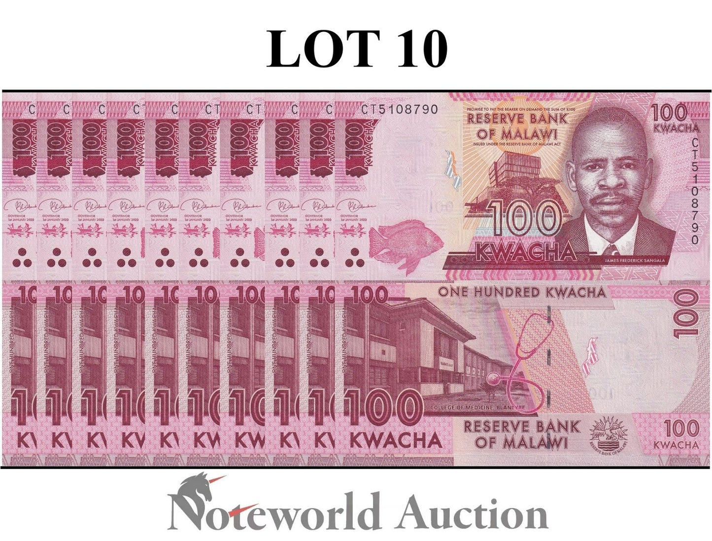 MALAWI Lot 10 pcs 1/10 Bundle - 100 Kwacha 2020 P 65 UNC