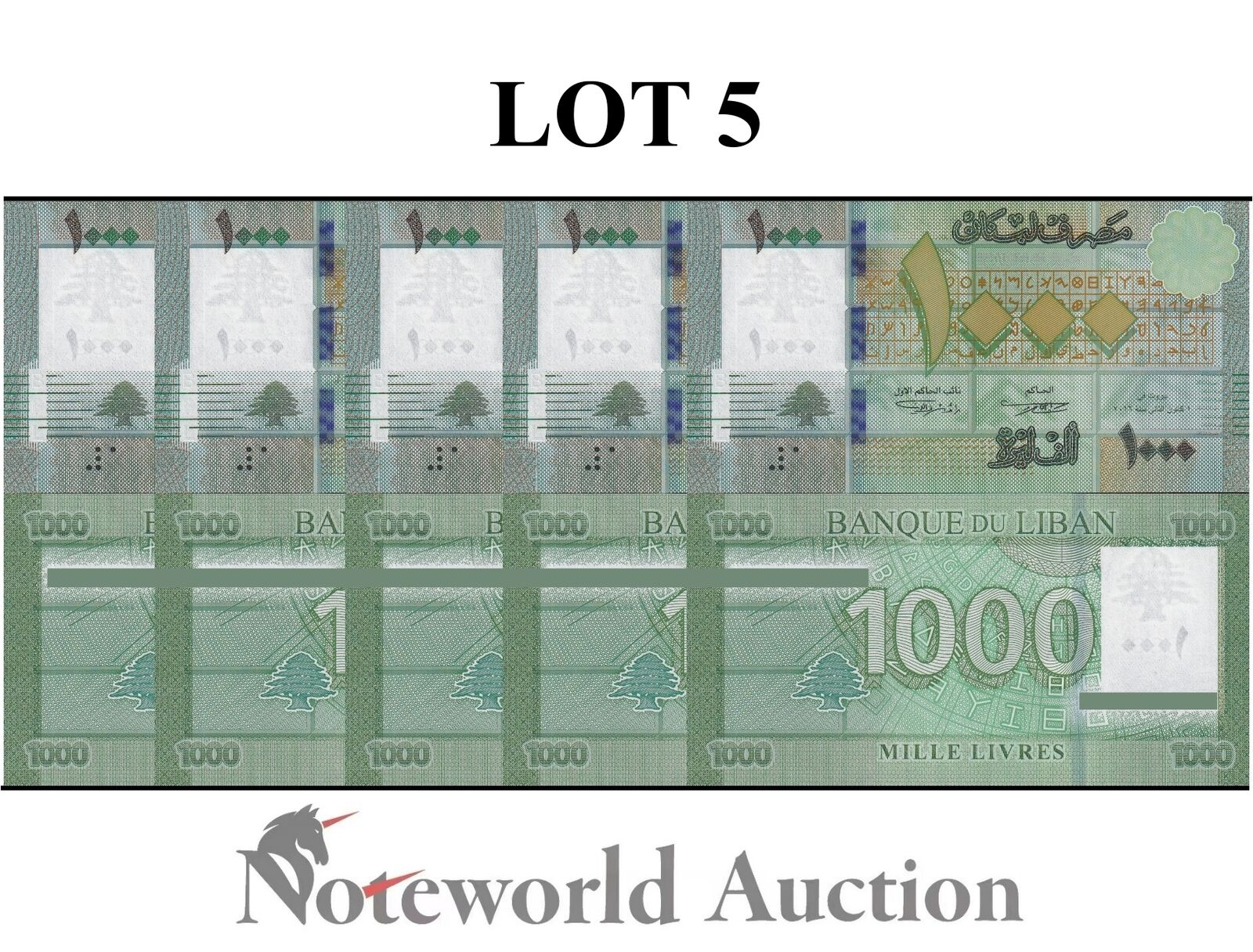 LEBANON Lot 5 pcs 1/20 Bundle - 1000 Livres 2016 P 90c Hybrid series K228 UNC