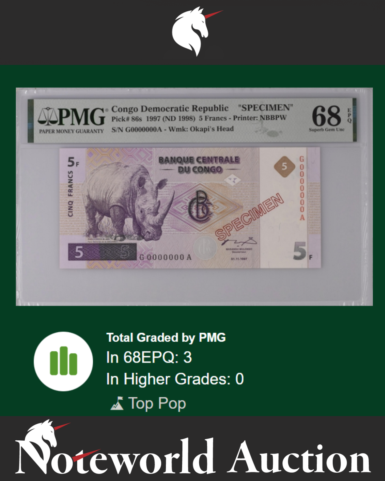 Congo Democratic Republic SPECIMEN 5 Francs 1997 P 86s UNC PMG 68 EPQ TOP POP