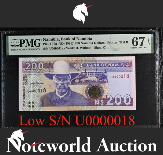 Namibia 200 Namibia Dollars ND (1996) P 10a LOW S/N 0000018 UNC PMG 67 EPQ