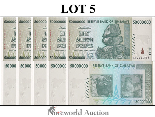 ZIMBABWE 50000000 Dollars 2008 P 79 Prefix AA Lot 5 pcs 1/20 Bundle UNC