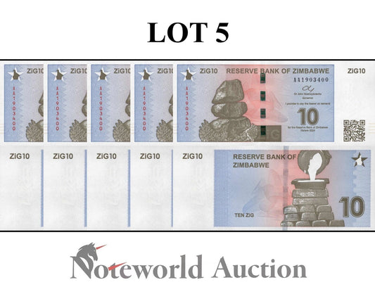 ZIMBABWE Lot 5 pcs 1/20 Bundle - 10 Zig 2024 P 110 First Prefix AA UNC