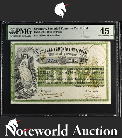 Uruguay Sociedad Fomento Territorial 10 Pesos 1868 P S481 EF PMG 45