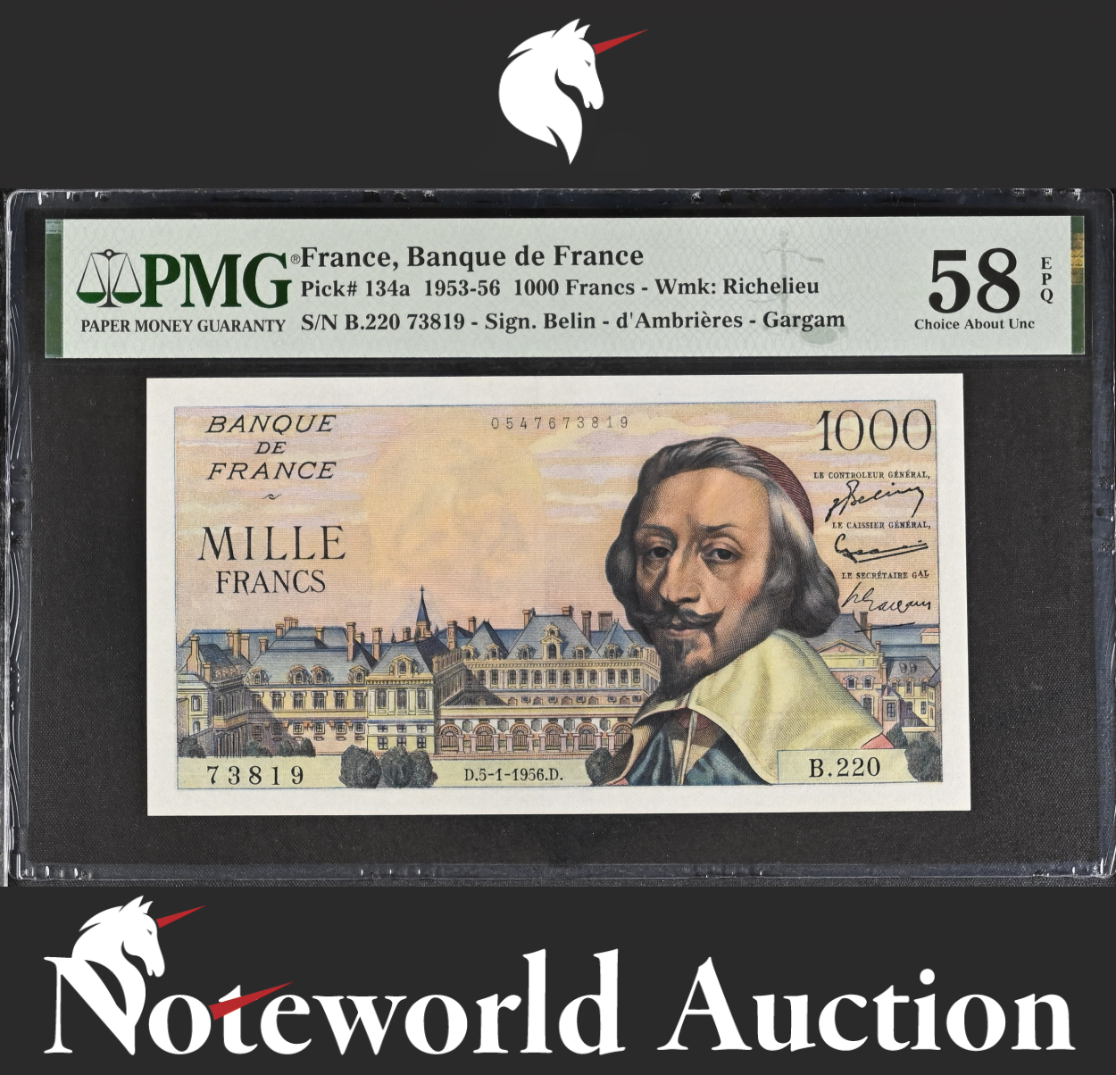 France Banque de France 1000 Francs 1953-56 P 134a AU PMG 58 EPQ